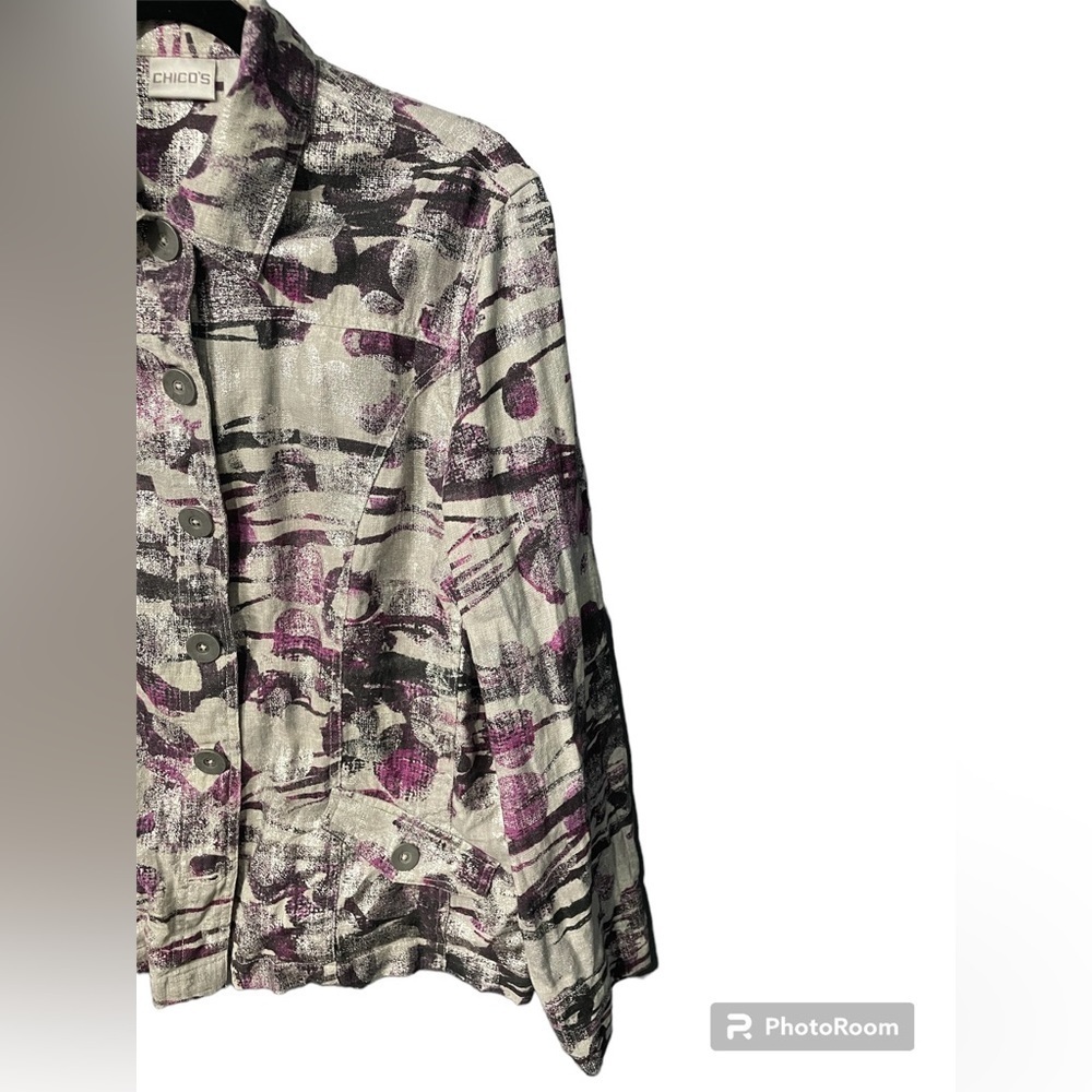 Chicos Women's Size 2 (med) Purple Gray Silver Metallic 100%Linen Jacket Blazer - Picture 9 of 17